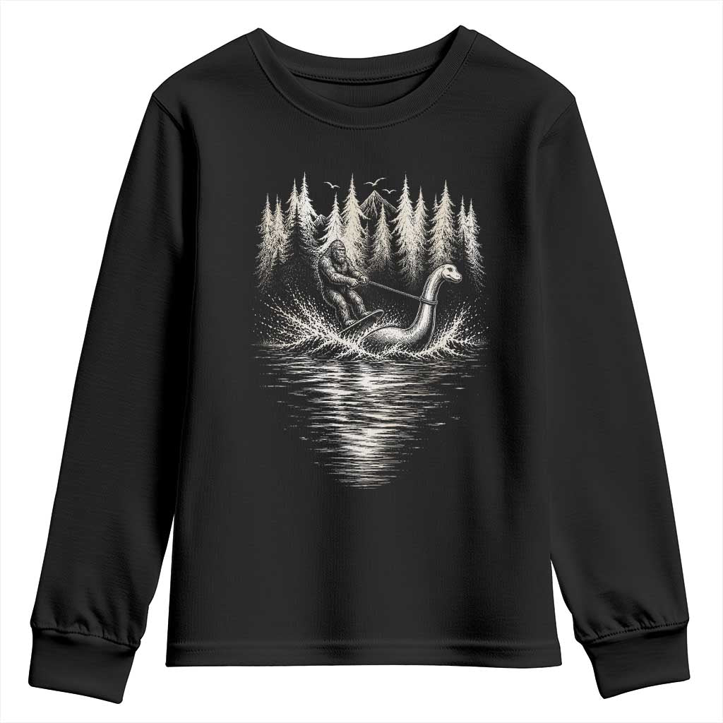 Funny Bigfoot Water Skiing Behind Nessie Youth Sweatshirt Cryptid Lover