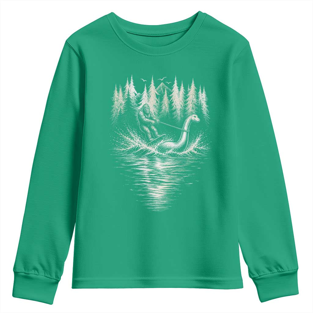 Funny Bigfoot Water Skiing Behind Nessie Youth Sweatshirt Cryptid Lover
