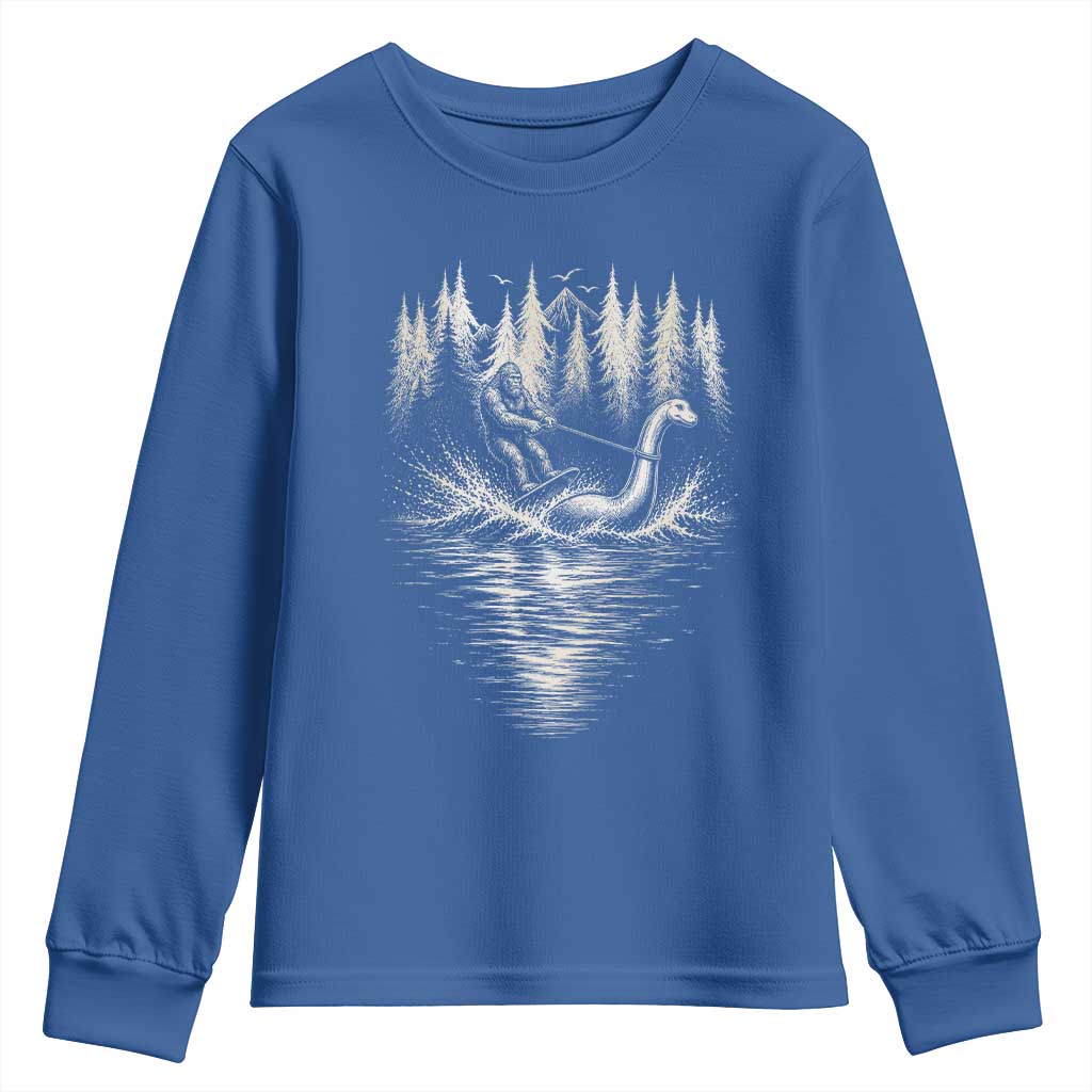 Funny Bigfoot Water Skiing Behind Nessie Youth Sweatshirt Cryptid Lover