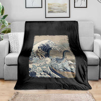 Funny Bigfoot Water Skiing Behind Nessie Throw Blanket Ukiyoe Inspired Wave Art
