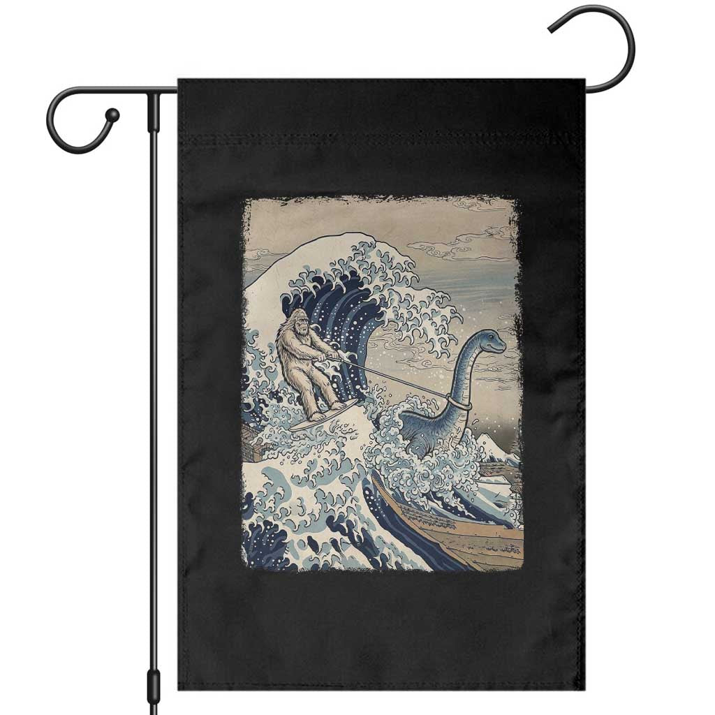 Funny Bigfoot Water Skiing Behind Nessie Garden Flag Ukiyoe Inspired Wave Art