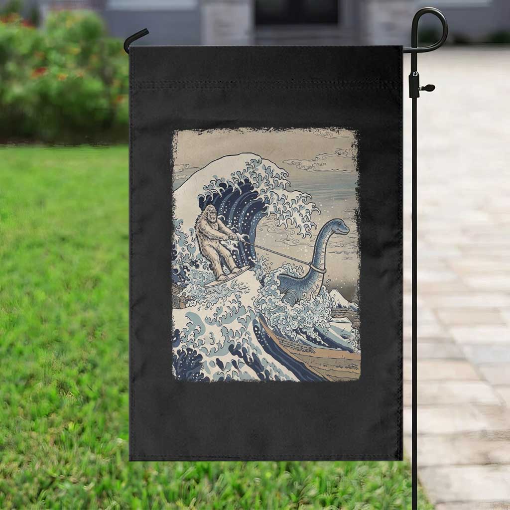 Funny Bigfoot Water Skiing Behind Nessie Garden Flag Ukiyoe Inspired Wave Art