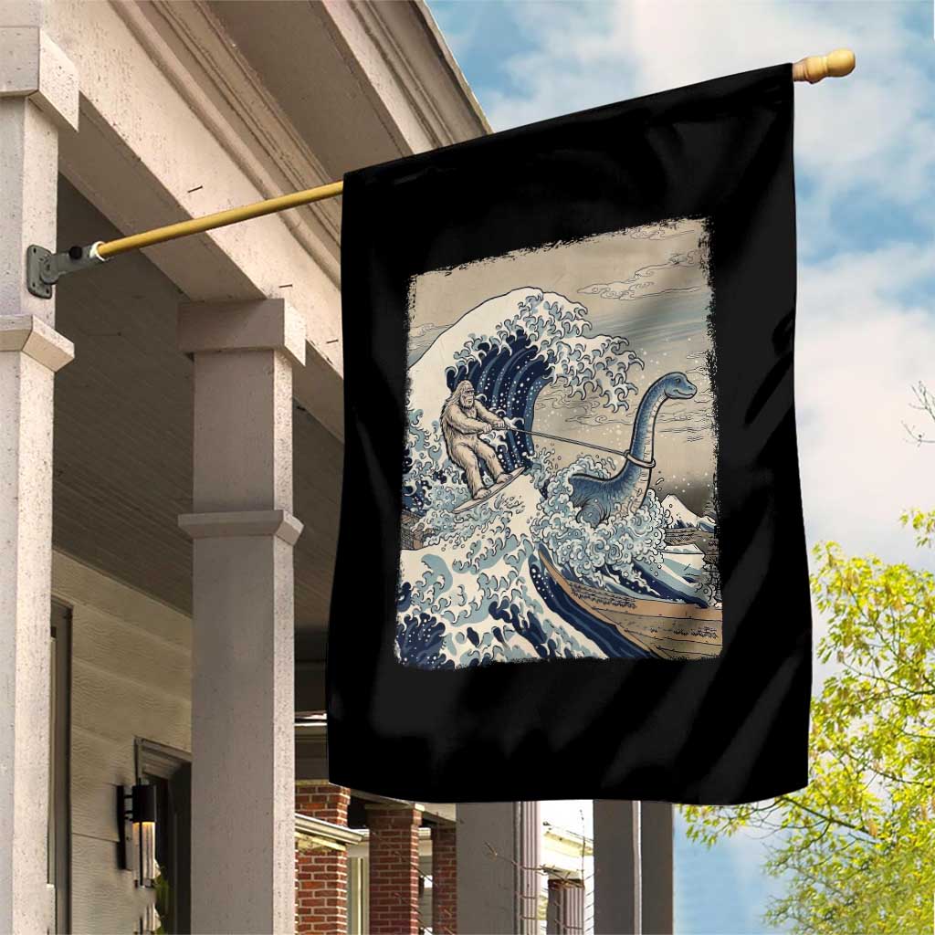 Funny Bigfoot Water Skiing Behind Nessie Garden Flag Ukiyoe Inspired Wave Art