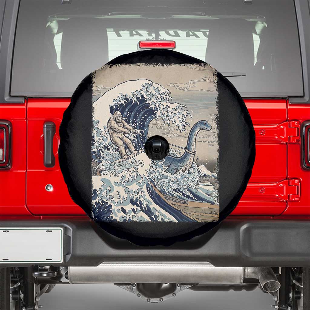 Funny Bigfoot Water Skiing Behind Nessie Spare Tire Cover Ukiyoe Inspired Wave Art