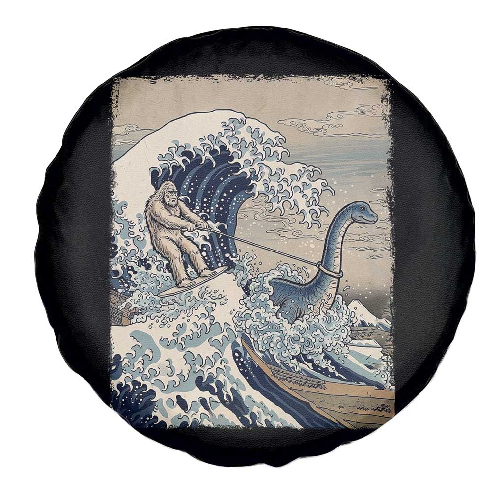 Funny Bigfoot Water Skiing Behind Nessie Spare Tire Cover Ukiyoe Inspired Wave Art