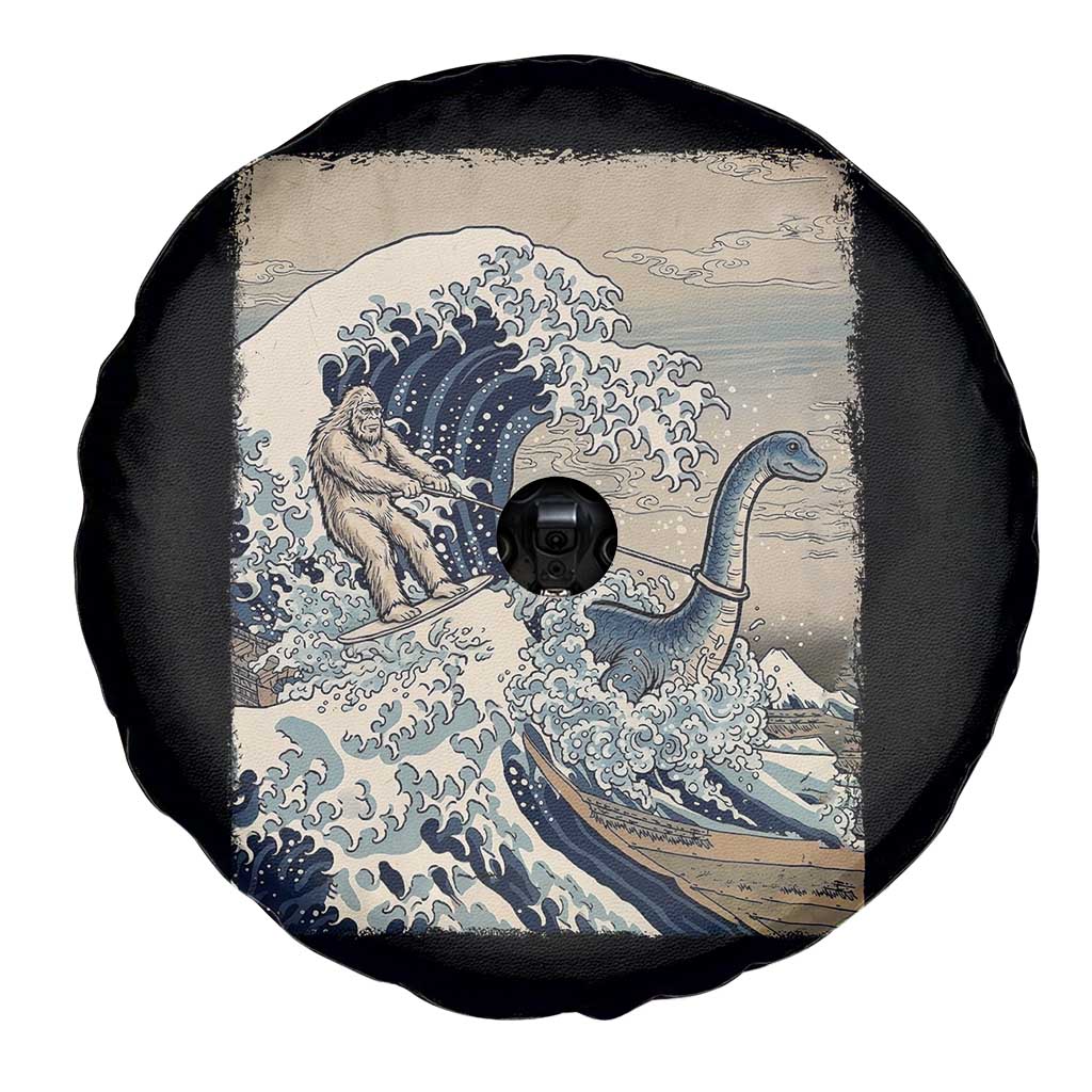 Funny Bigfoot Water Skiing Behind Nessie Spare Tire Cover Ukiyoe Inspired Wave Art