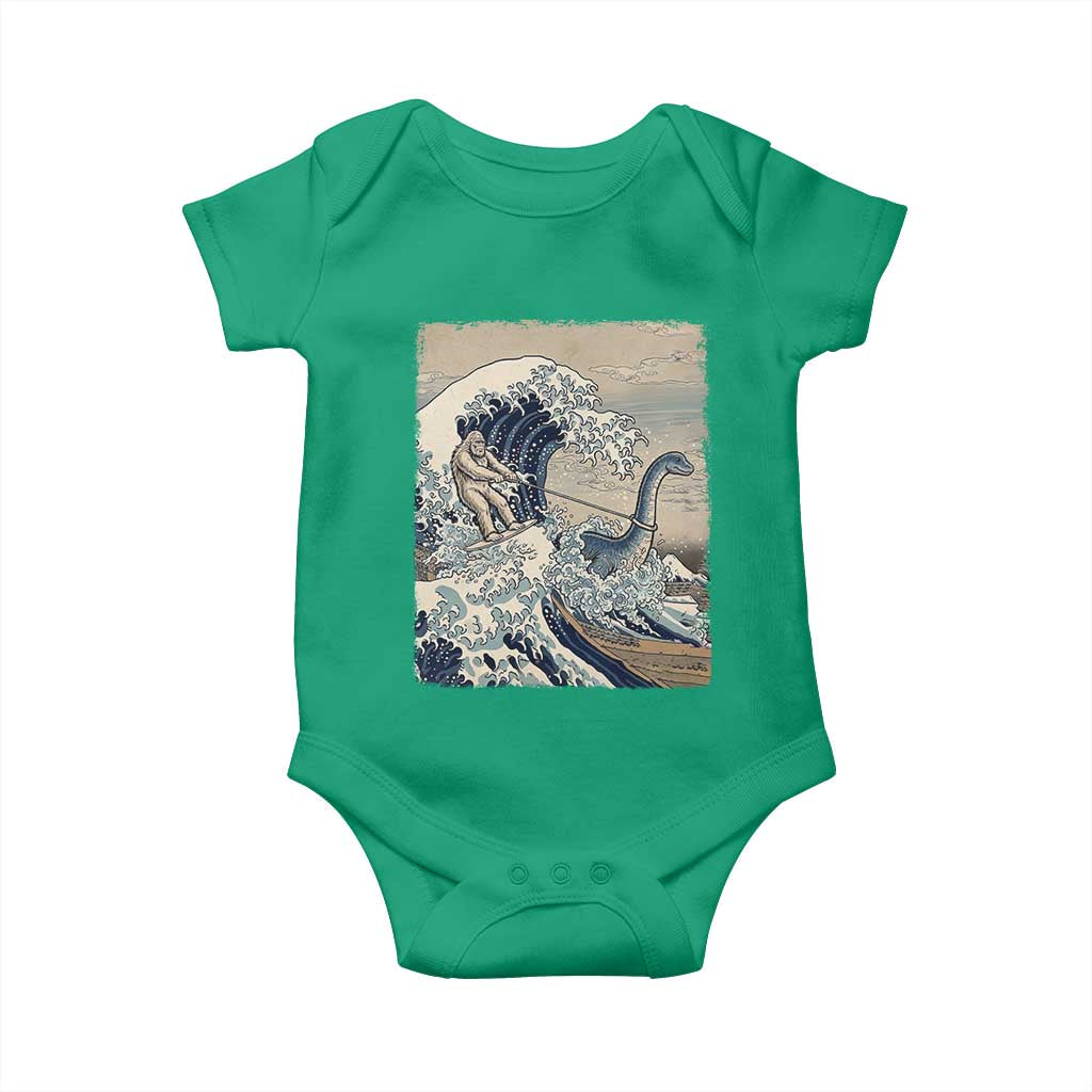 Funny Bigfoot Water Skiing Behind Nessie Baby Onesie Ukiyoe Inspired Wave Art