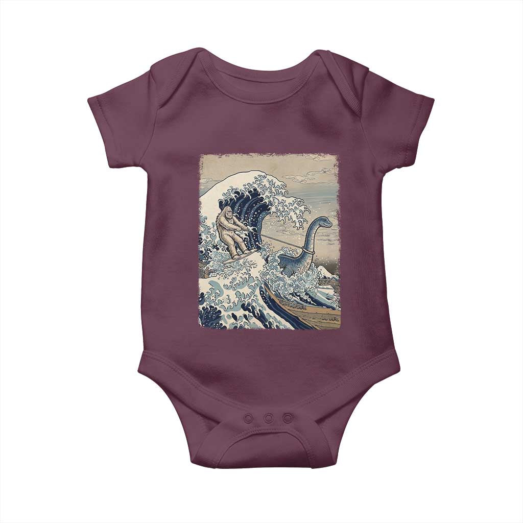Funny Bigfoot Water Skiing Behind Nessie Baby Onesie Ukiyoe Inspired Wave Art