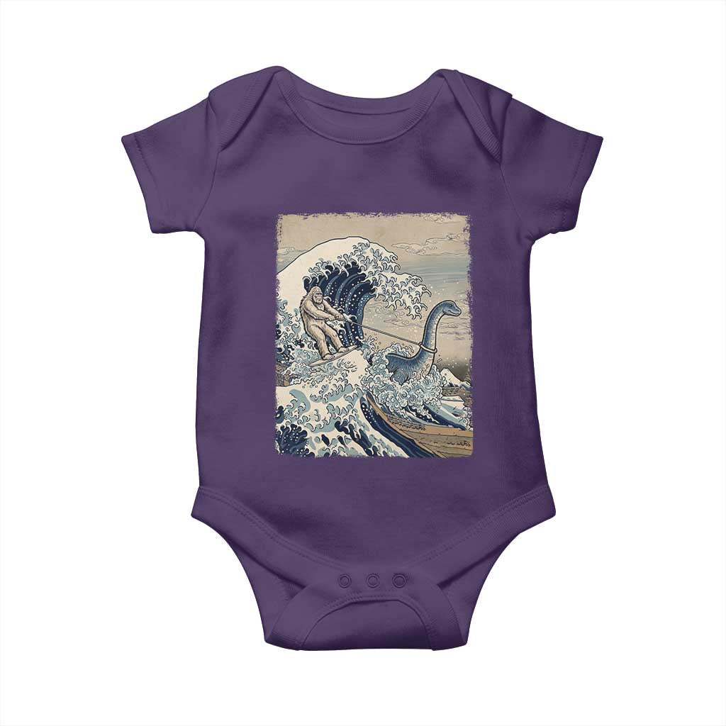 Funny Bigfoot Water Skiing Behind Nessie Baby Onesie Ukiyoe Inspired Wave Art