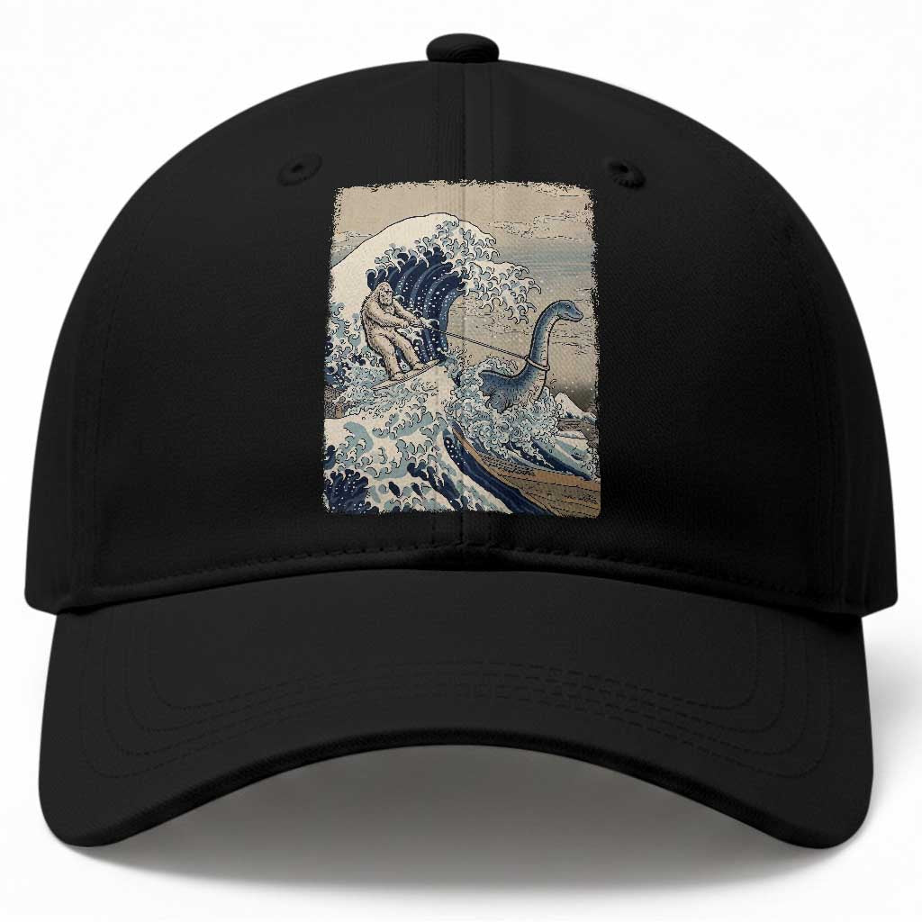Funny Bigfoot Water Skiing Behind Nessie Baseball Cap Ukiyoe Inspired Wave Art