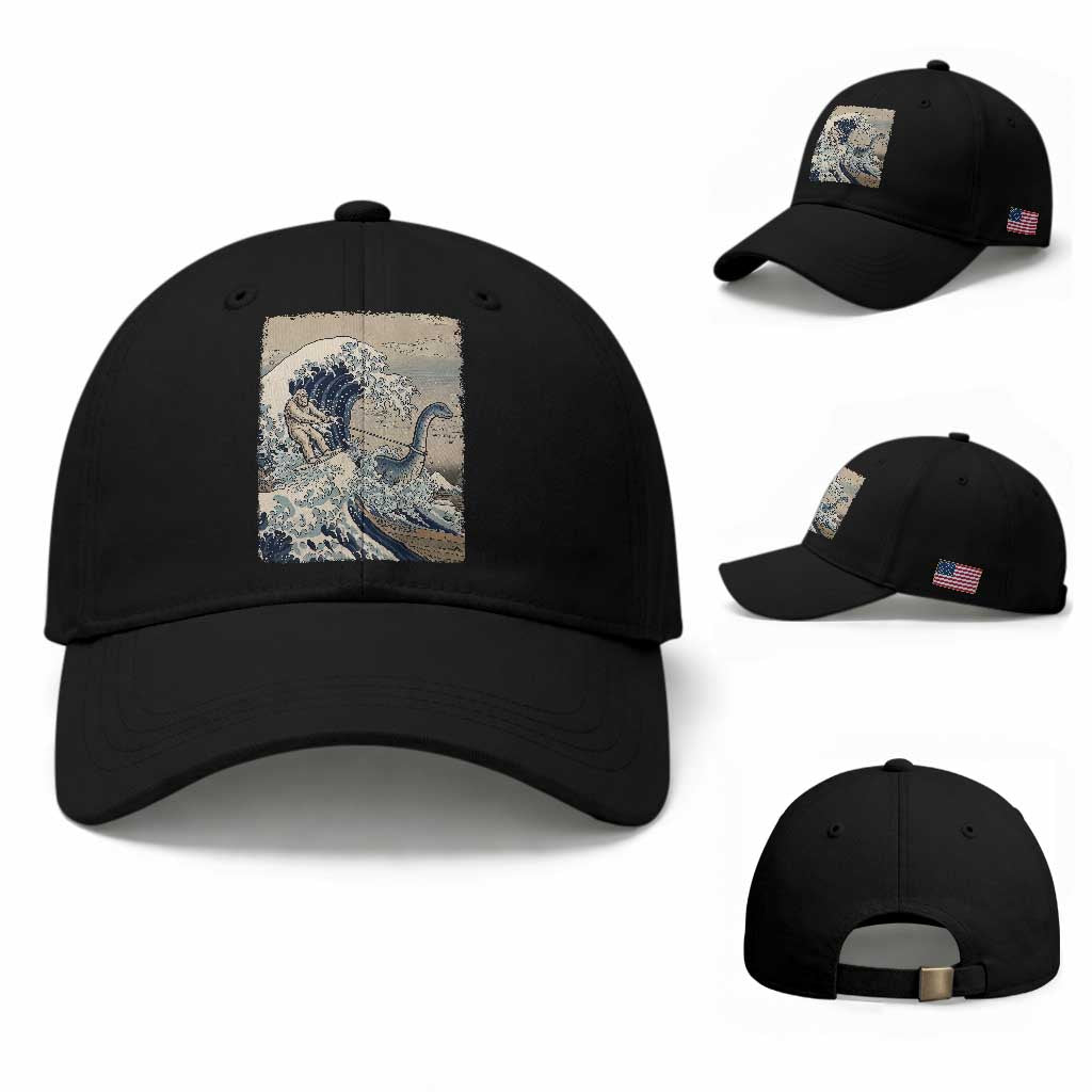 Funny Bigfoot Water Skiing Behind Nessie Baseball Cap Ukiyoe Inspired Wave Art