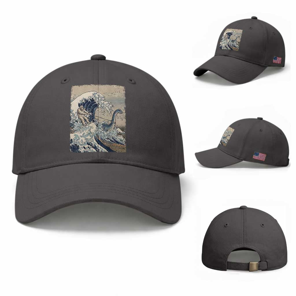 Funny Bigfoot Water Skiing Behind Nessie Baseball Cap Ukiyoe Inspired Wave Art