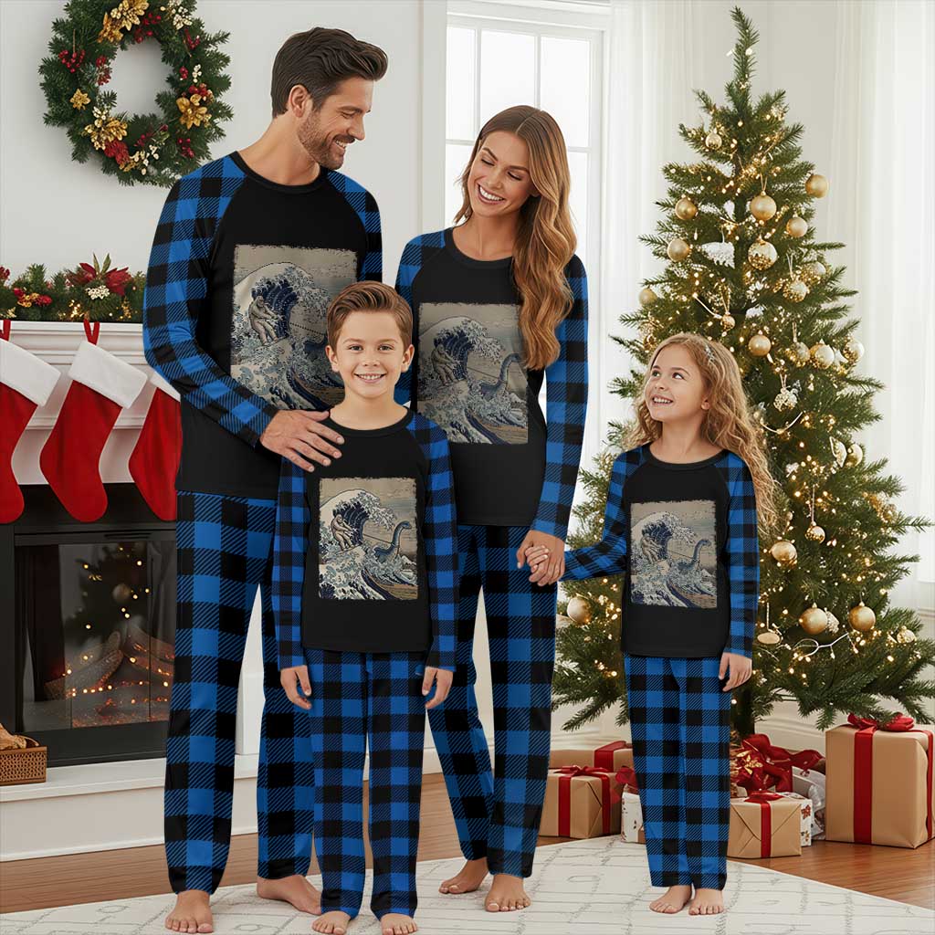 Funny Bigfoot Water Skiing Behind Nessie Plaid Pajama Set Ukiyoe Inspired Wave Art