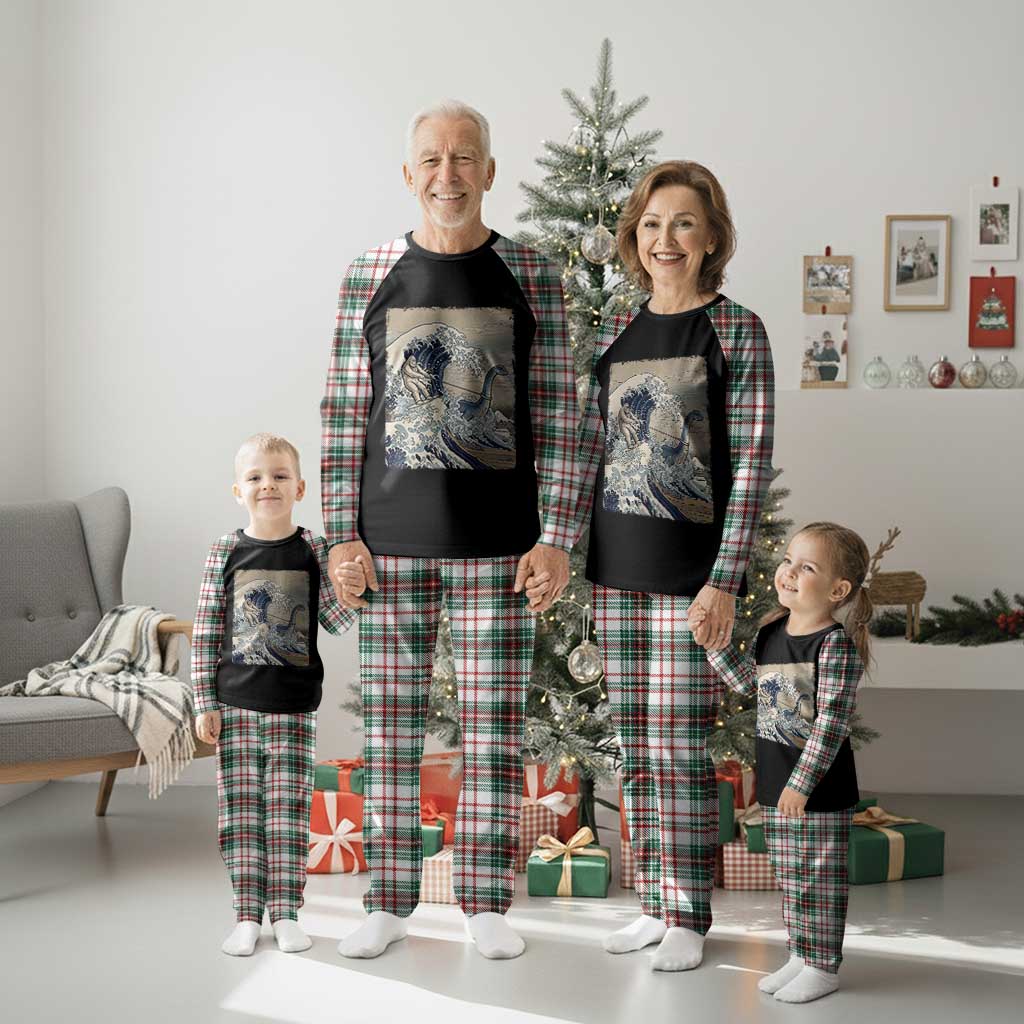 Funny Bigfoot Water Skiing Behind Nessie Plaid Pajama Set Ukiyoe Inspired Wave Art