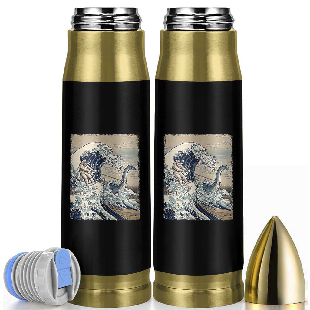 Funny Bigfoot Water Skiing Behind Nessie Bullet Tumbler Ukiyoe Inspired Wave Art