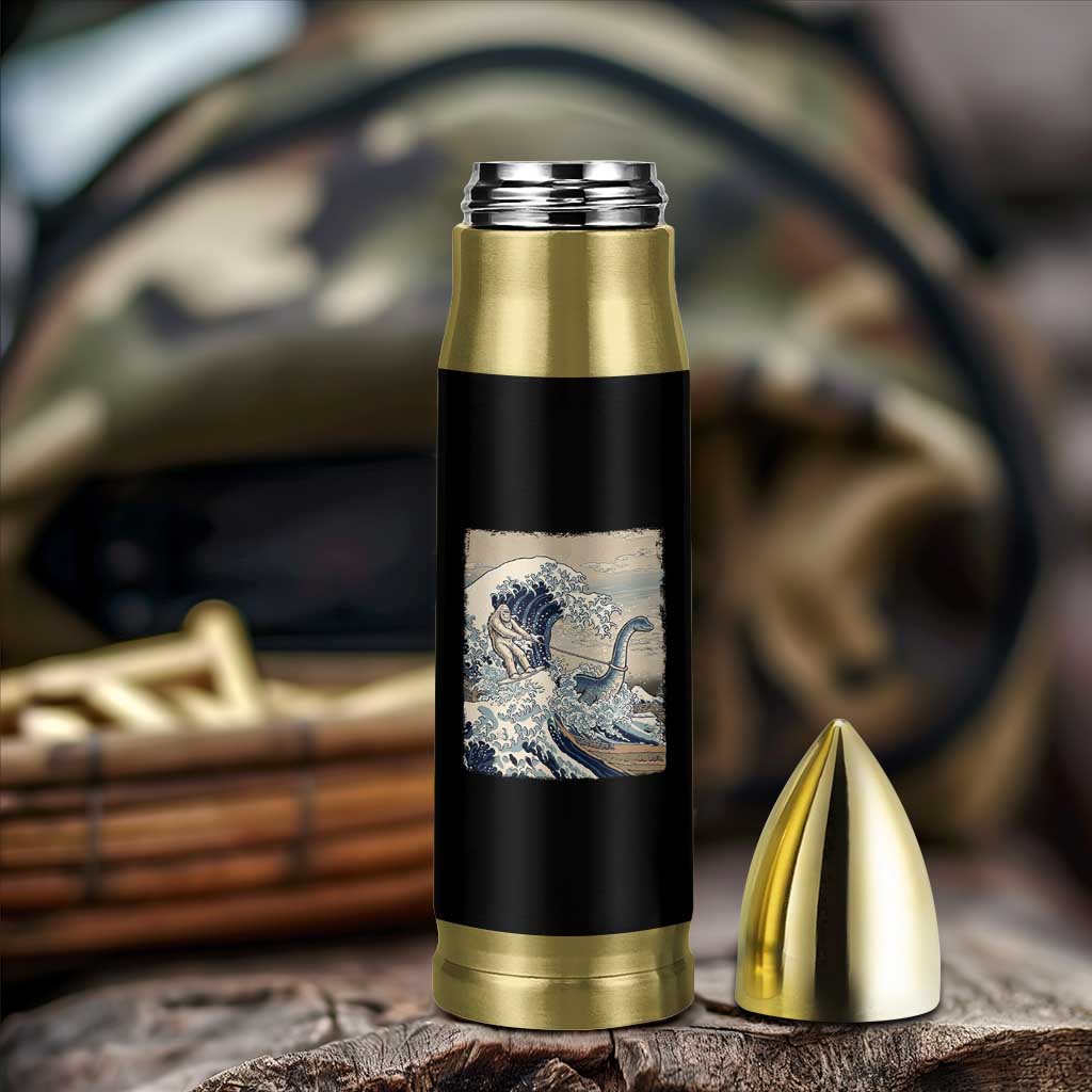 Funny Bigfoot Water Skiing Behind Nessie Bullet Tumbler Ukiyoe Inspired Wave Art