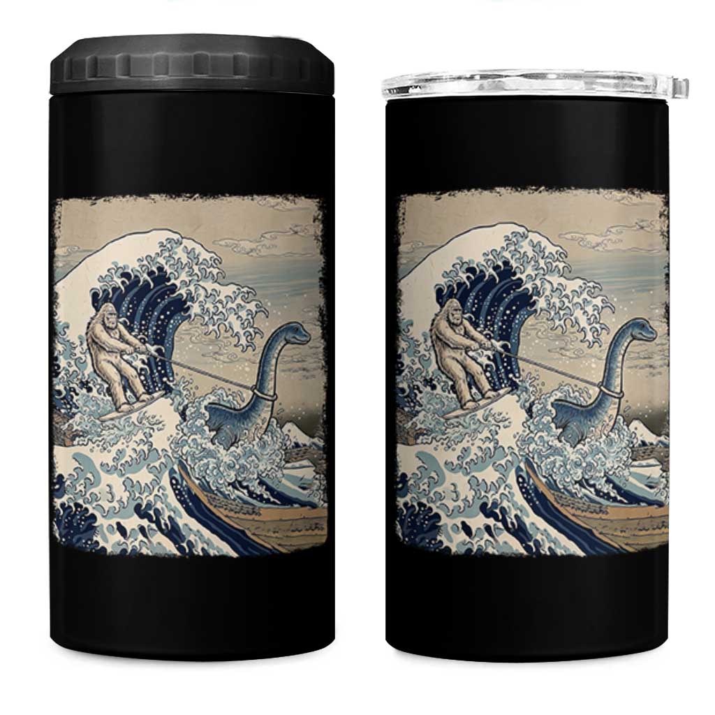 Funny Bigfoot Water Skiing Behind Nessie 4 in 1 Can Cooler Tumbler Ukiyoe Inspired Wave Art