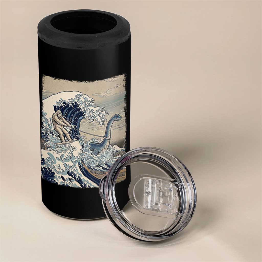 Funny Bigfoot Water Skiing Behind Nessie 4 in 1 Can Cooler Tumbler Ukiyoe Inspired Wave Art