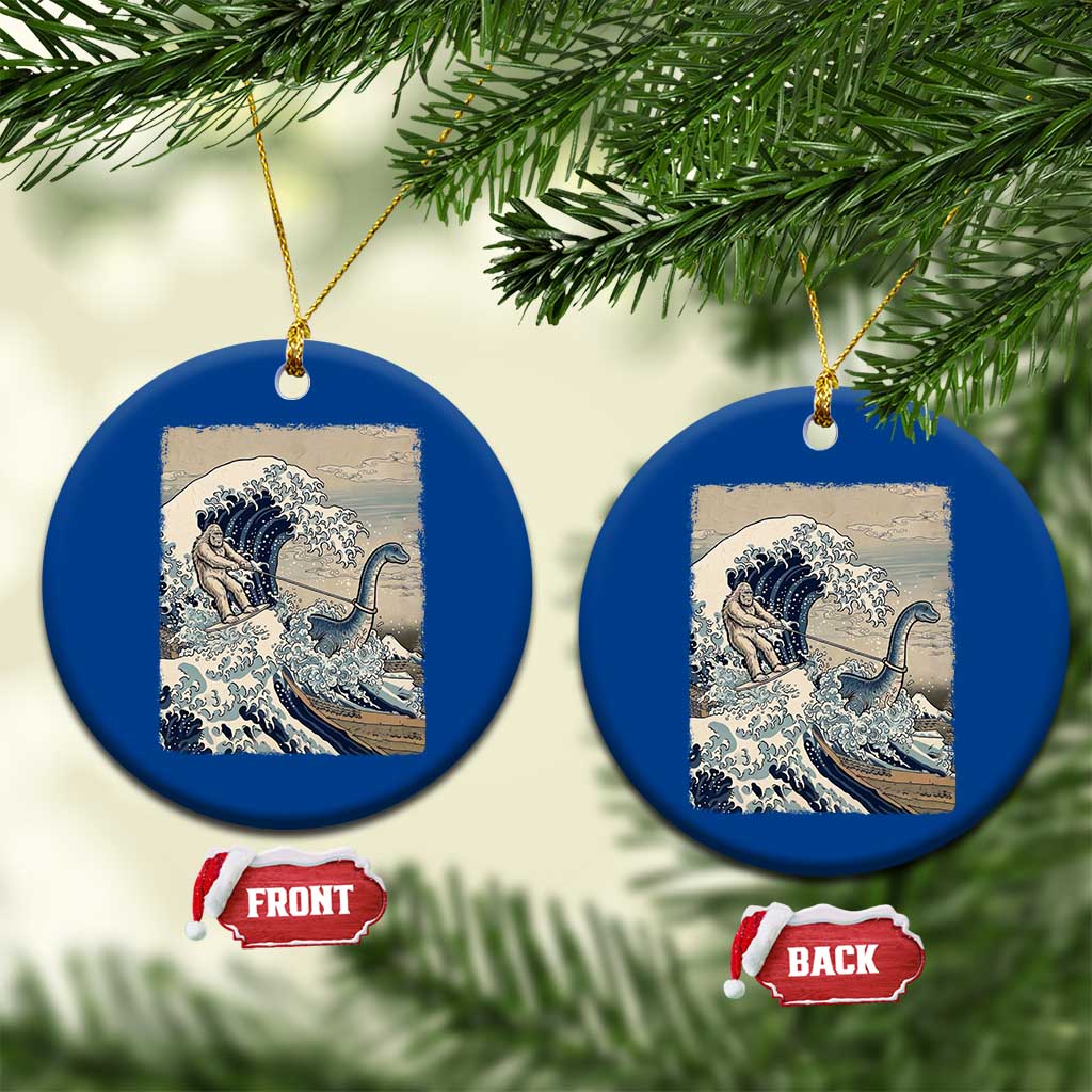 Funny Bigfoot Water Skiing Behind Nessie Ceramic Ornament Ukiyoe Inspired Wave Art