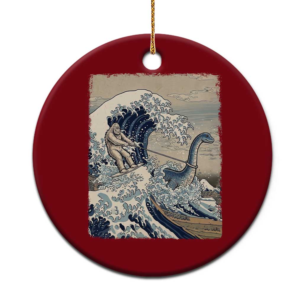 Funny Bigfoot Water Skiing Behind Nessie Ceramic Ornament Ukiyoe Inspired Wave Art