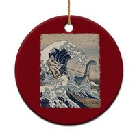 Funny Bigfoot Water Skiing Behind Nessie Ceramic Ornament Ukiyoe Inspired Wave Art