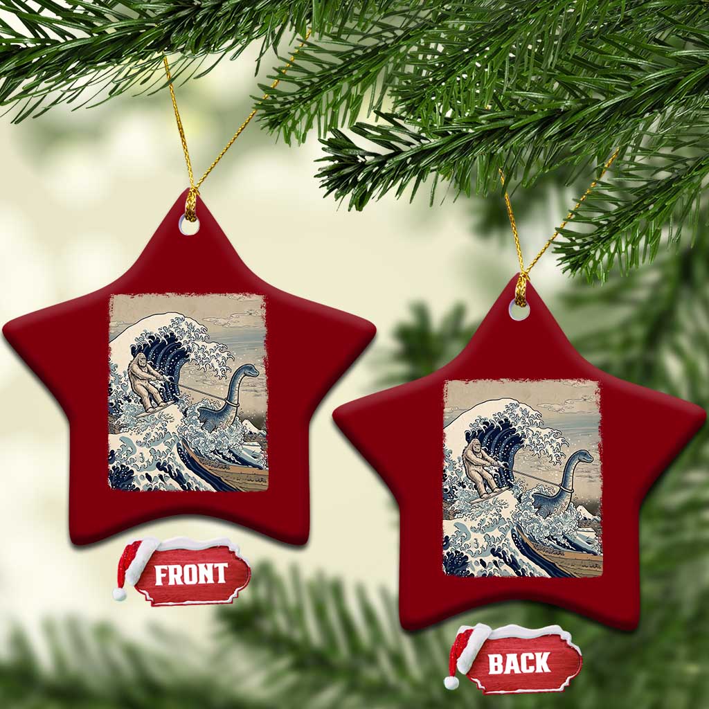 Funny Bigfoot Water Skiing Behind Nessie Ceramic Ornament Ukiyoe Inspired Wave Art