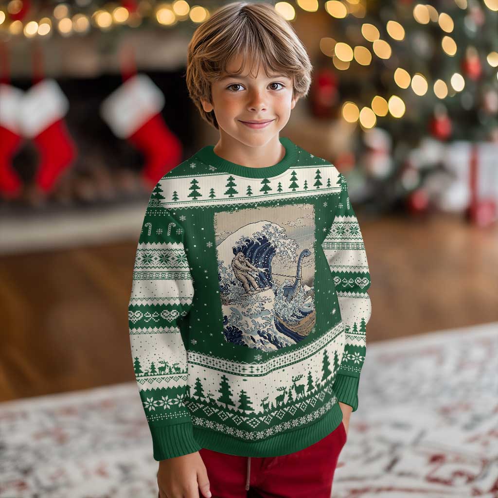 Funny Bigfoot Water Skiing Behind Nessie Ugly Christmas Sweater Ukiyoe Inspired Wave Art