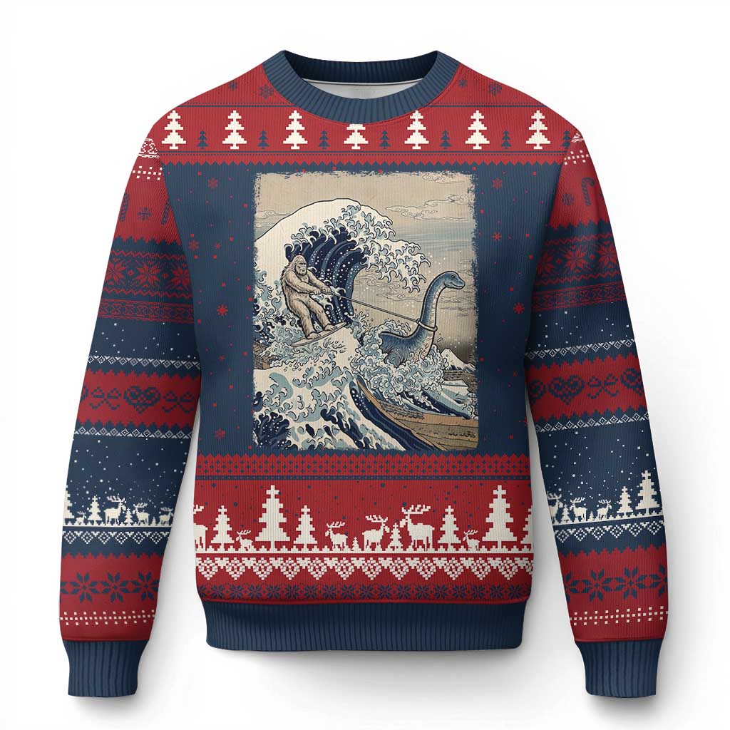 Funny Bigfoot Water Skiing Behind Nessie Ugly Christmas Sweater Ukiyoe Inspired Wave Art