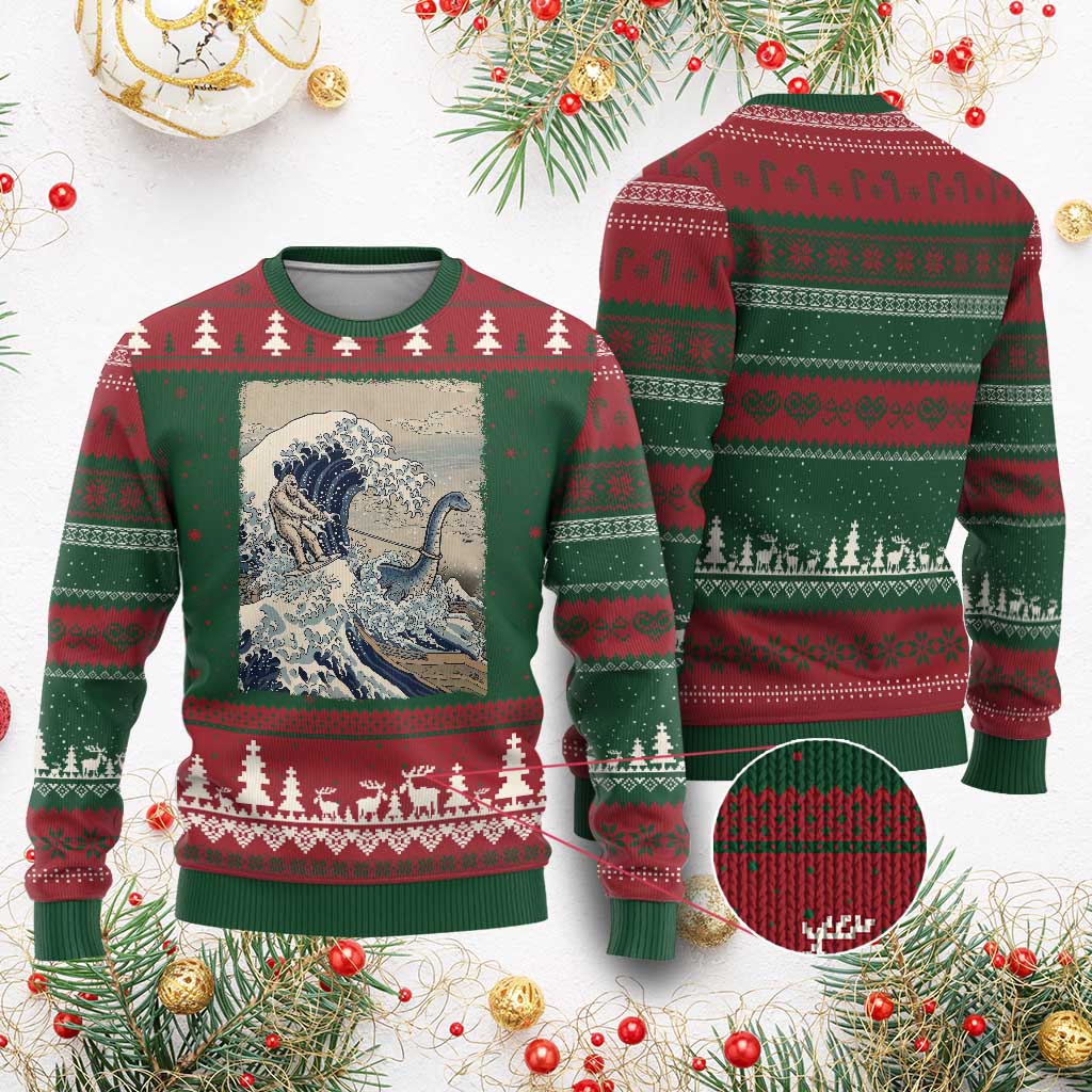 Funny Bigfoot Water Skiing Behind Nessie Ugly Christmas Sweater Ukiyoe Inspired Wave Art