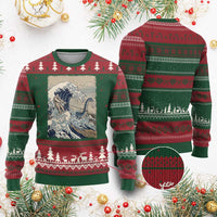 Funny Bigfoot Water Skiing Behind Nessie Ugly Christmas Sweater Ukiyoe Inspired Wave Art