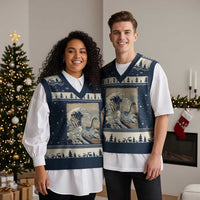 Funny Bigfoot Water Skiing Behind Nessie V-Neck Knit Sweater Vest Ukiyoe Inspired Wave Art