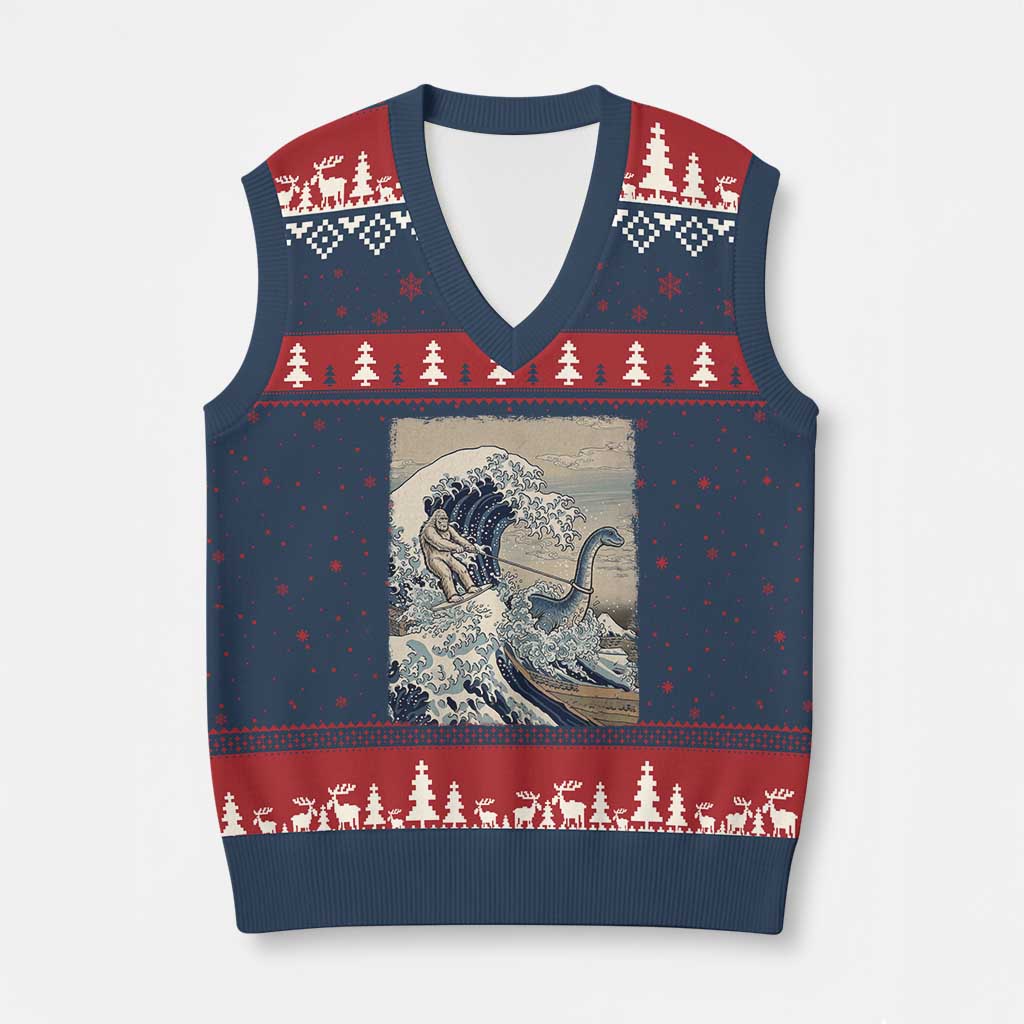 Funny Bigfoot Water Skiing Behind Nessie V-Neck Knit Sweater Vest Ukiyoe Inspired Wave Art