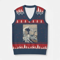 Funny Bigfoot Water Skiing Behind Nessie V-Neck Knit Sweater Vest Ukiyoe Inspired Wave Art
