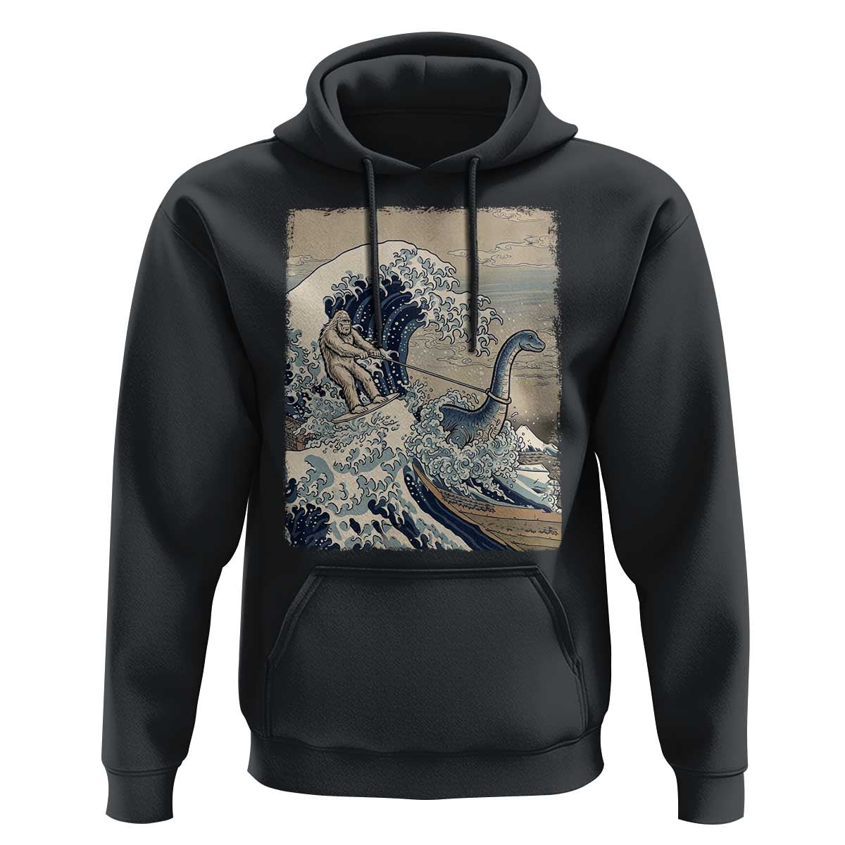 Funny Bigfoot Water Skiing Behind Nessie Hoodie Ukiyoe Inspired Wave Art