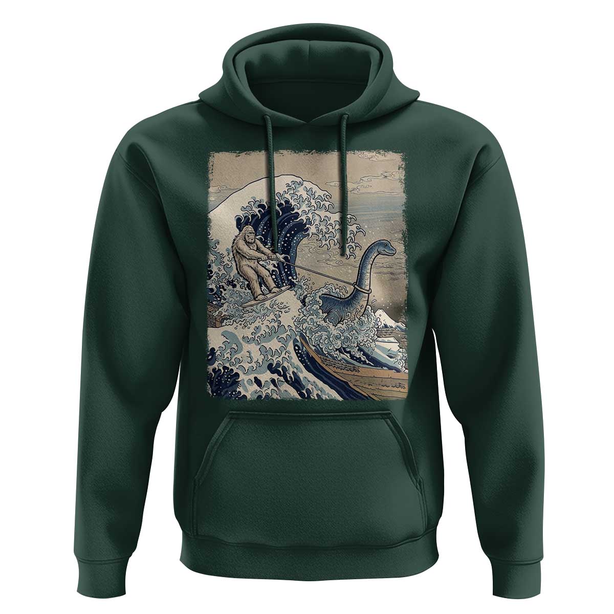 Funny Bigfoot Water Skiing Behind Nessie Hoodie Ukiyoe Inspired Wave Art