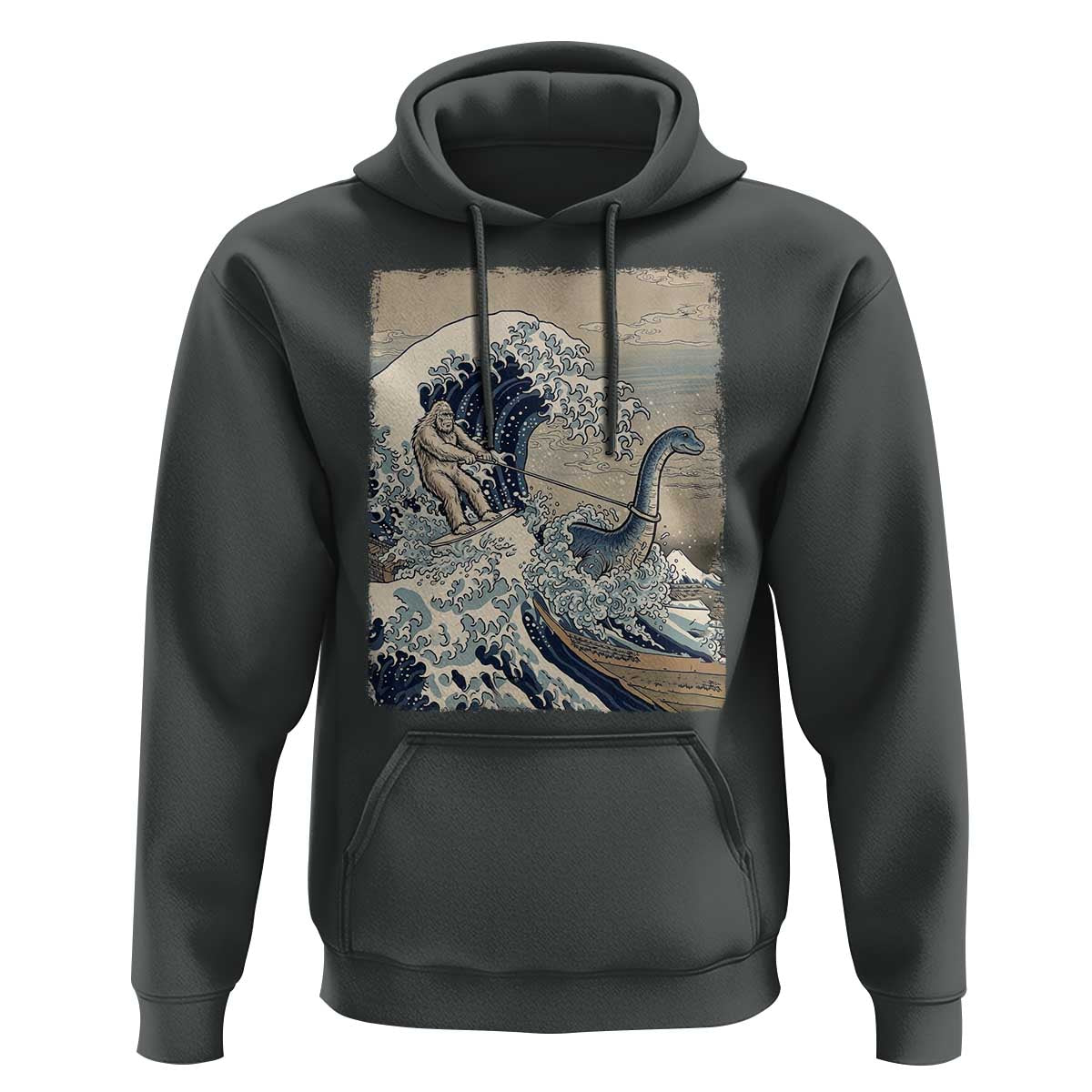 Funny Bigfoot Water Skiing Behind Nessie Hoodie Ukiyoe Inspired Wave Art