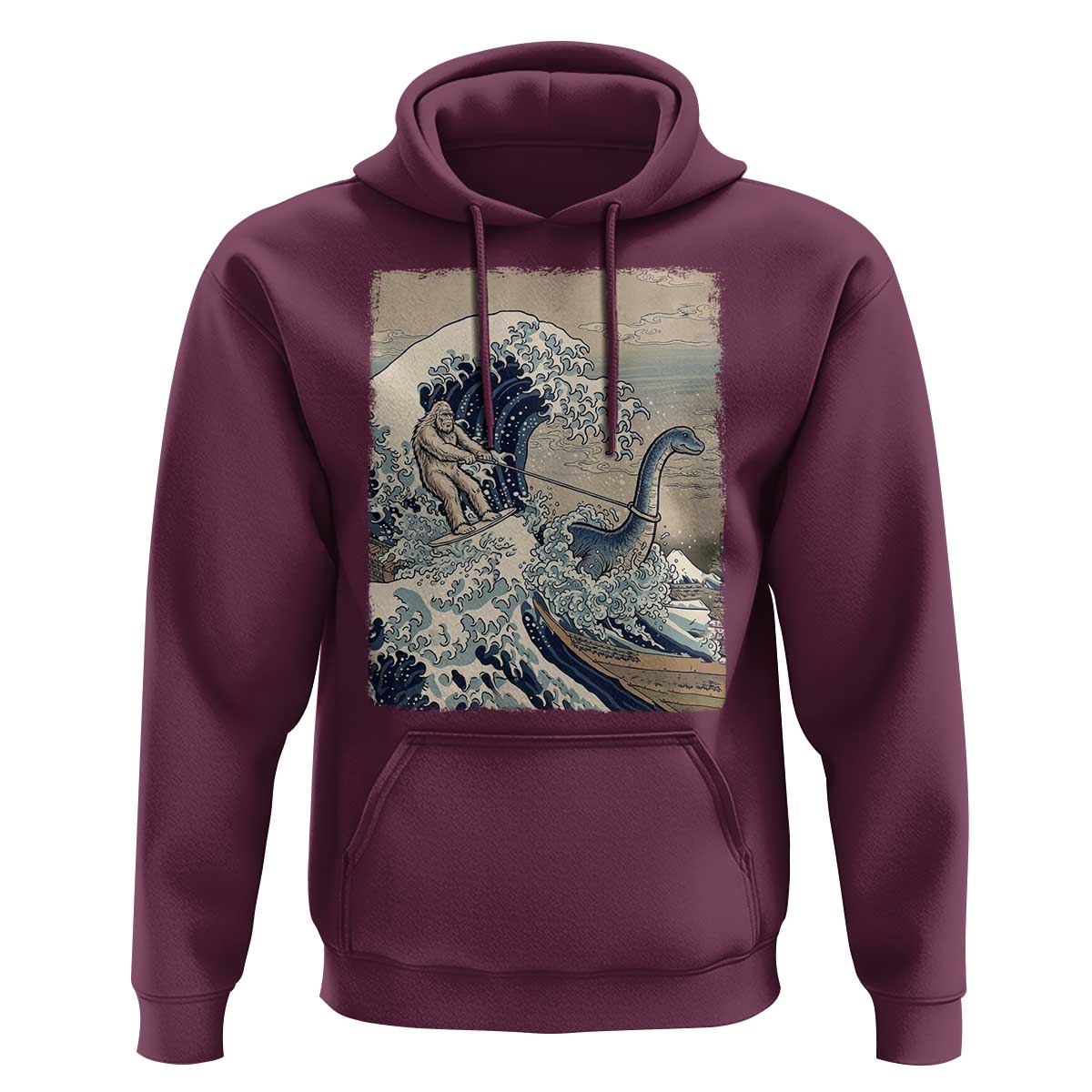 Funny Bigfoot Water Skiing Behind Nessie Hoodie Ukiyoe Inspired Wave Art