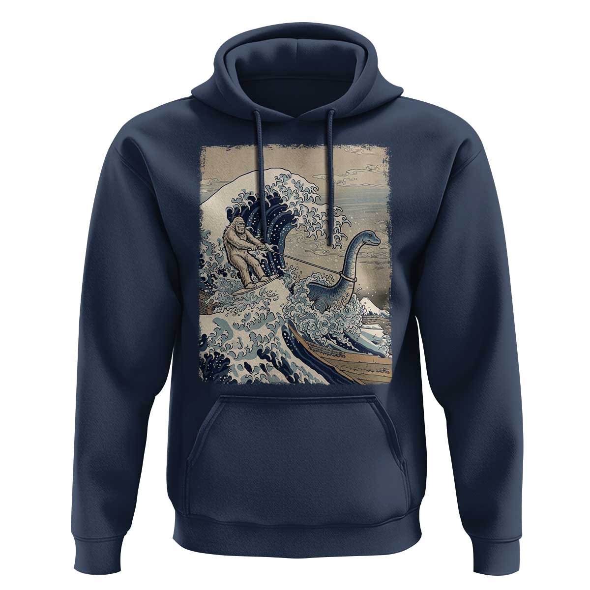 Funny Bigfoot Water Skiing Behind Nessie Hoodie Ukiyoe Inspired Wave Art