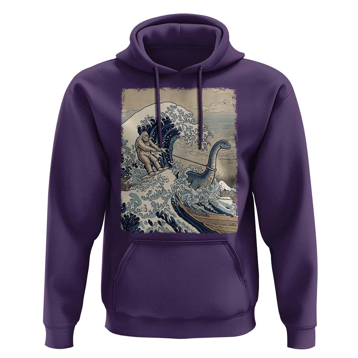 Funny Bigfoot Water Skiing Behind Nessie Hoodie Ukiyoe Inspired Wave Art