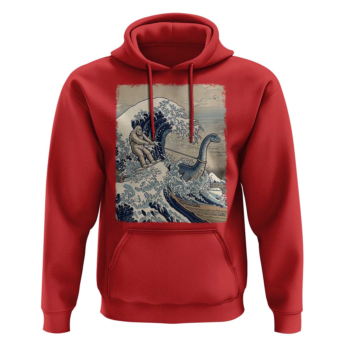 Funny Bigfoot Water Skiing Behind Nessie Hoodie Ukiyoe Inspired Wave Art