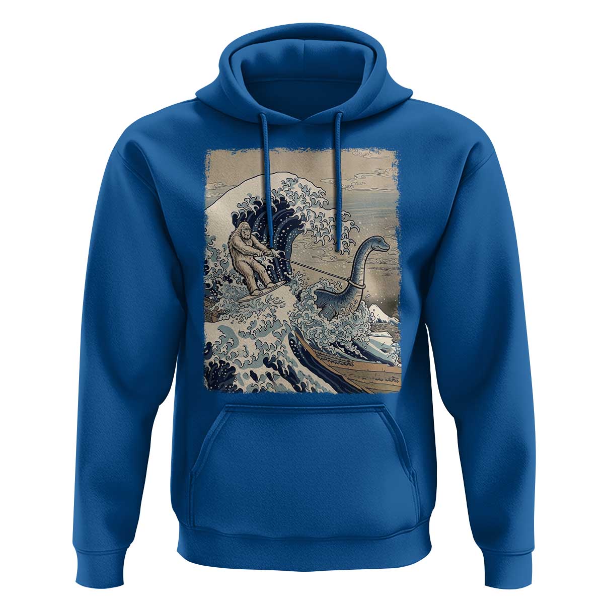 Funny Bigfoot Water Skiing Behind Nessie Hoodie Ukiyoe Inspired Wave Art