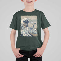 Funny Bigfoot Water Skiing Behind Nessie T Shirt For Kid Ukiyoe Inspired Wave Art