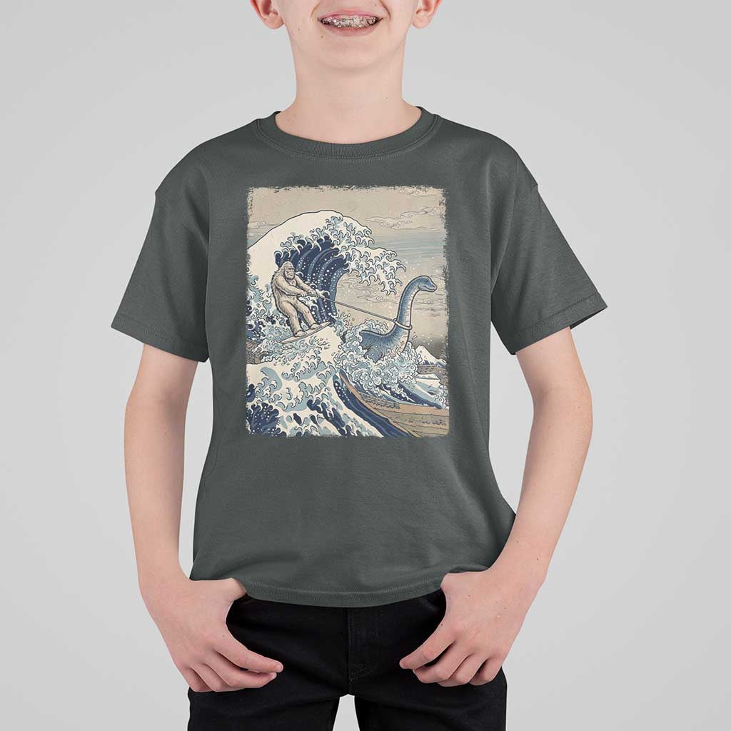 Funny Bigfoot Water Skiing Behind Nessie T Shirt For Kid Ukiyoe Inspired Wave Art