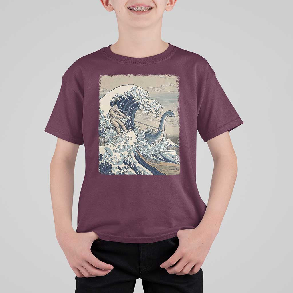 Funny Bigfoot Water Skiing Behind Nessie T Shirt For Kid Ukiyoe Inspired Wave Art