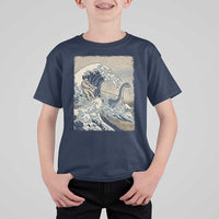 Funny Bigfoot Water Skiing Behind Nessie T Shirt For Kid Ukiyoe Inspired Wave Art