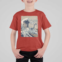 Funny Bigfoot Water Skiing Behind Nessie T Shirt For Kid Ukiyoe Inspired Wave Art