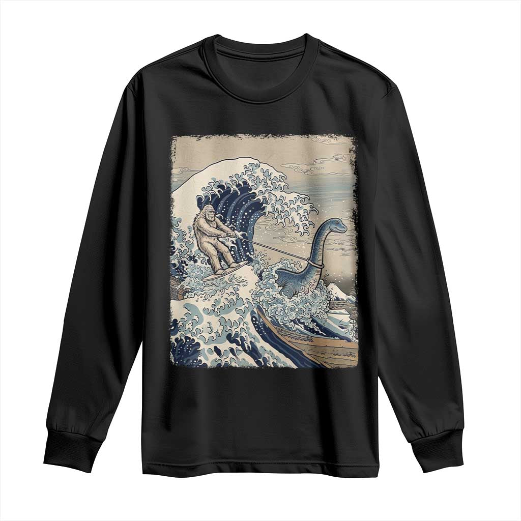Funny Bigfoot Water Skiing Behind Nessie Long Sleeve Shirt Ukiyoe Inspired Wave Art