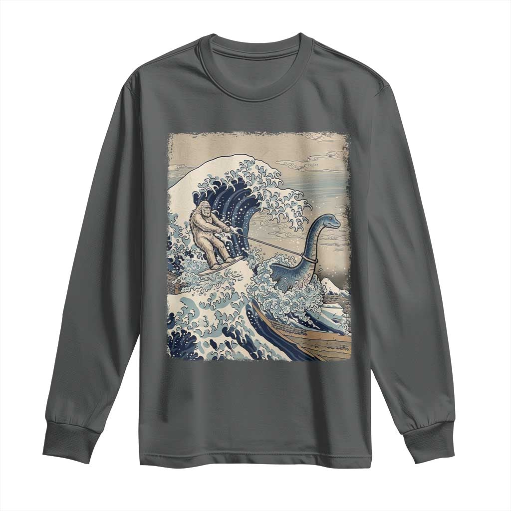 Funny Bigfoot Water Skiing Behind Nessie Long Sleeve Shirt Ukiyoe Inspired Wave Art