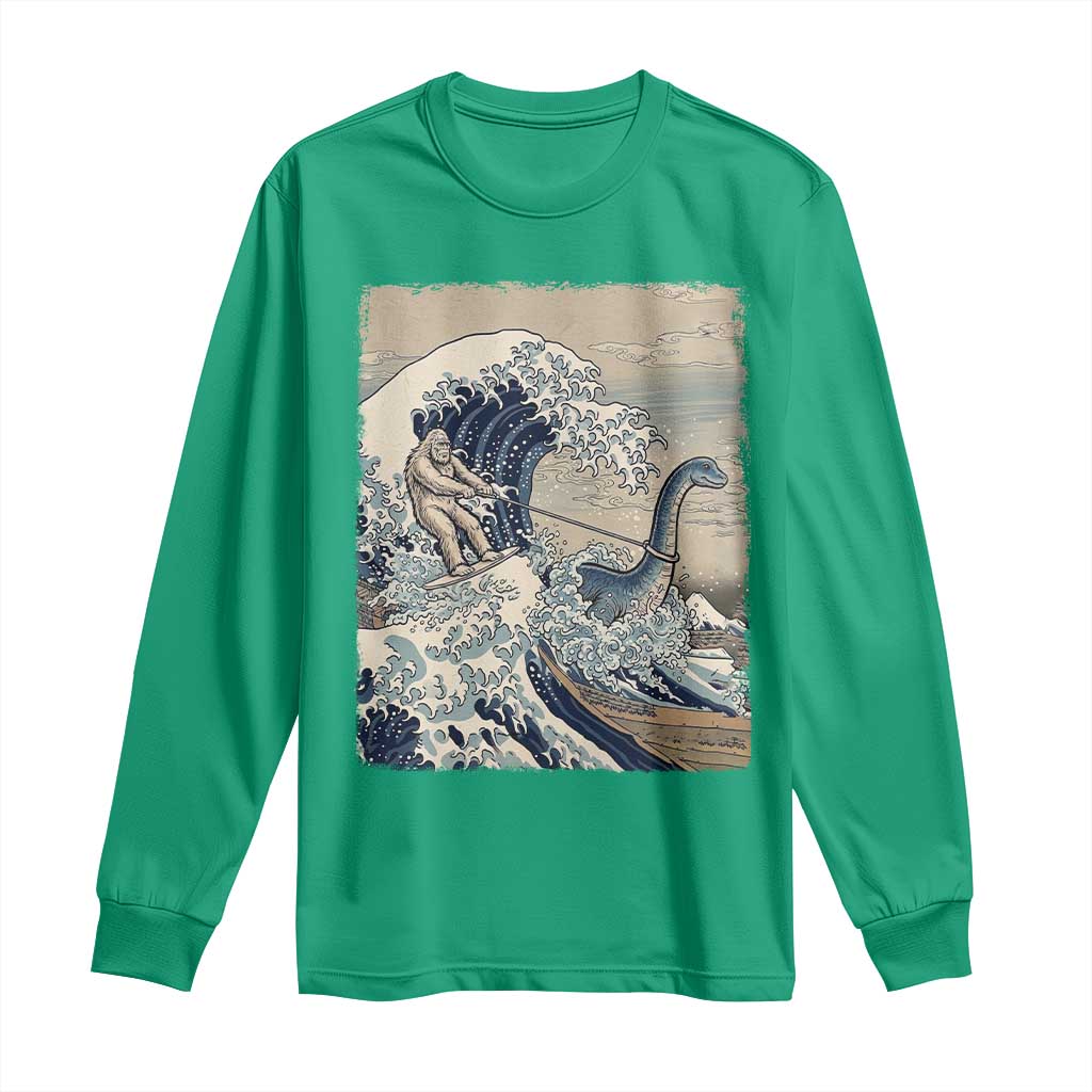 Funny Bigfoot Water Skiing Behind Nessie Long Sleeve Shirt Ukiyoe Inspired Wave Art