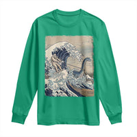 Funny Bigfoot Water Skiing Behind Nessie Long Sleeve Shirt Ukiyoe Inspired Wave Art